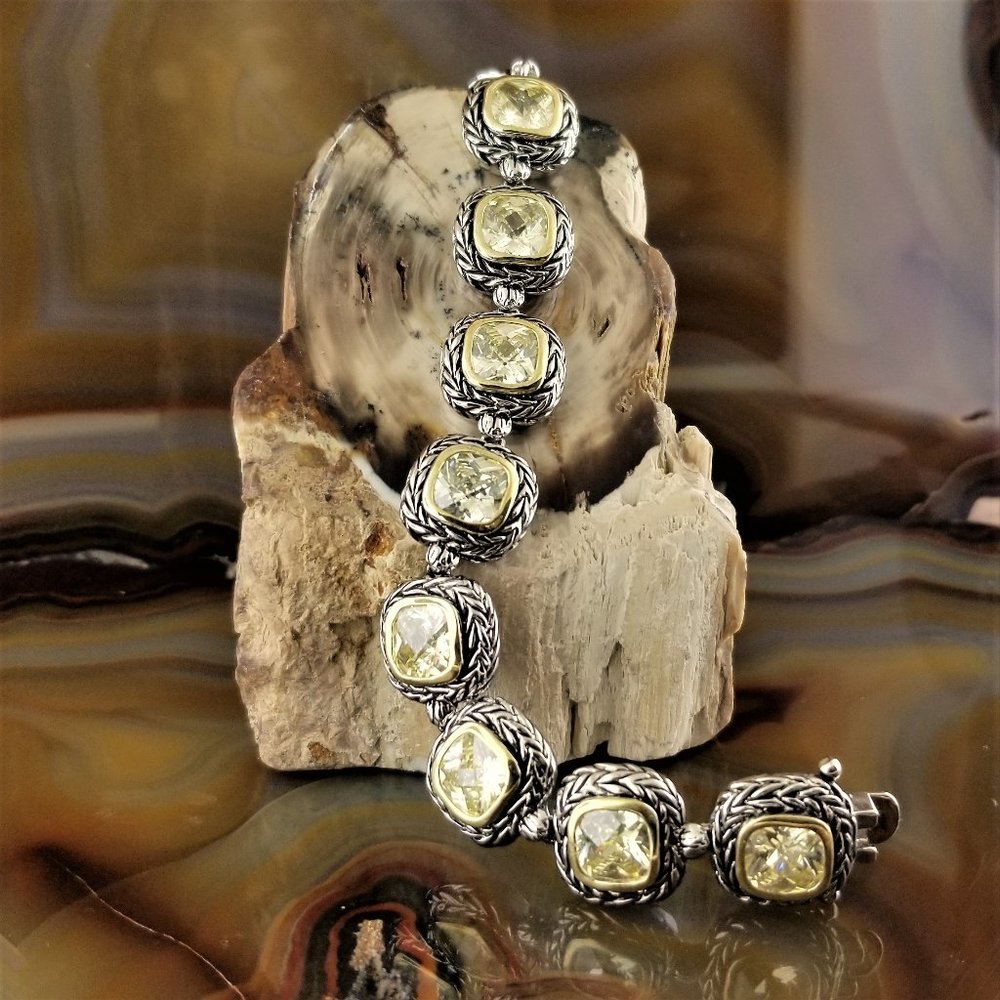 New BALINESE Silver & Gold Canary Yellow Crystal Chunky Cable Bracelet